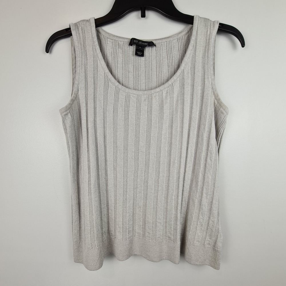 St. John Scoop Neck Knit Sleeveless‎ Sweater Top Small Gray Ribbed Stripe Basic
